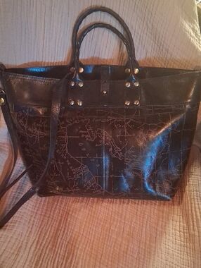 Black Map-Print Leather Tote with Stud Accents